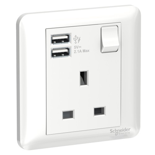 Schneider 13A 1 Gang Switched Socket with 2.1A USB, White A3G15USB_WE_G11