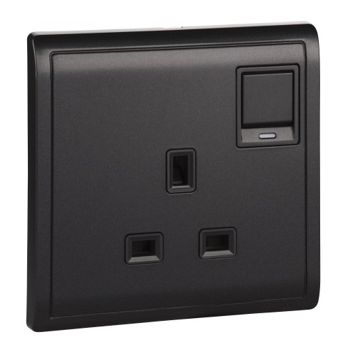 Schneider 13A 250V 1Gang swithitched socket with Neon,Matt Black E8215N_MB_G1