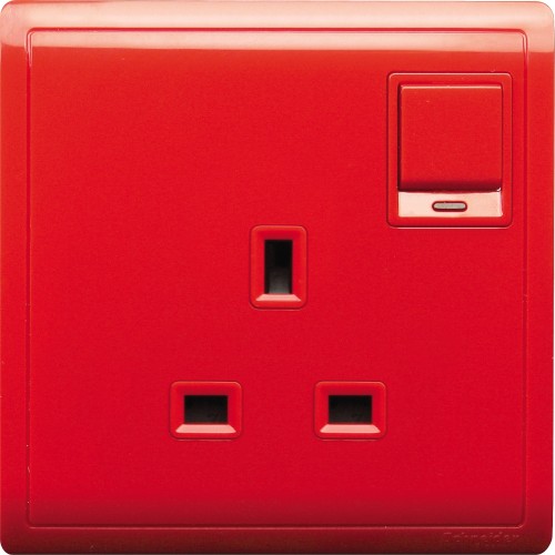 Schneider 13A 250V 1 Gang Switched Socket with Neon, Full Red E8215N_RD