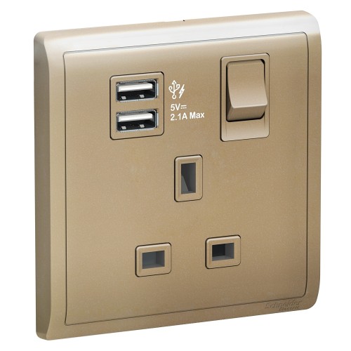 Schneider 13A 1 Gang Switched Socket with 2.1A USB, Wine Gold E8215USB_WG_G12