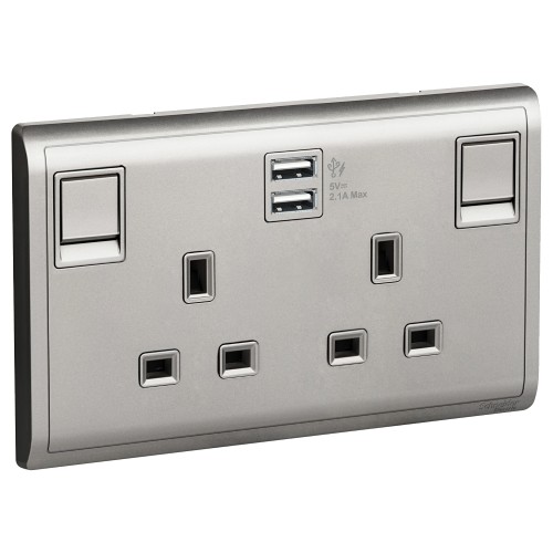 Schneider 13A Twin Gang Switched Socket with 2.1A USB, Aluminium Silver E82T25USB_AS_G12