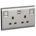 Schneider 13A Twin Gang Switched Socket with 2.1A USB, Aluminium Silver E82T25USB_AS_G12