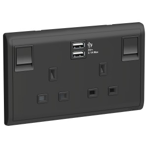 Schneider 13A Twin Gang Switched Socket with 2.1A USB, Matt Black E82T25USB_MB_G12