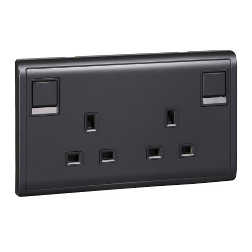 Schneider 13A 250V 2Gang switched socket,Matt Black E82T25_MB_G1