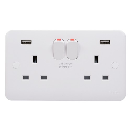 Schneider Lisse White moulded - Switched Socket + 2 USB charger - 2 gangs - 13A GGBL30202USBS