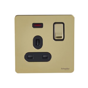 Schneider ULT.SCRWLS Flat Plate-1Gang- 13A-DP-switched with neon- Polished brass GU3411DBPB