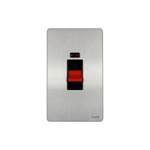 Schneider Ultimate Screwless Flat Plate Switch, 45A, 2-Pole, Neon, Black & Stainless Steel GU4421BSS