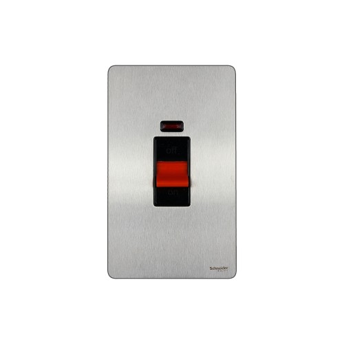 Schneider Ultimate Screwless Flat Plate Switch, 45A, 2-Pole, Neon, Black & Stainless Steel GU4421BSS