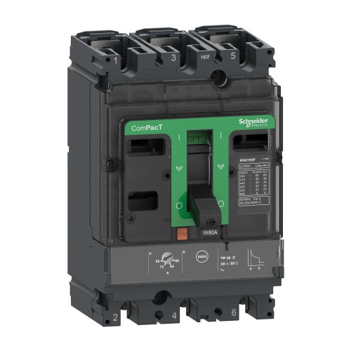 Schneider Circuit breaker ComPacT NSX100F, 36kA at 415VAC, TMD trip unit 100A, 50 degrees C, 3 poles 3D C10F3TM100C