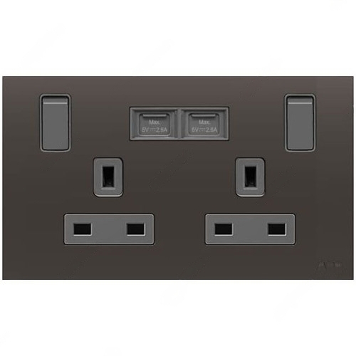 ABB Single Pole Switched Socket With USB Charger, Millenium, 2 Gang, 13A, Silk Black - AM235147-SB