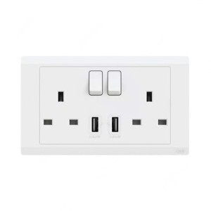 ABB Double Pole Switch Socket With USB, Inora, 2 Gang, 13A, White - BL262