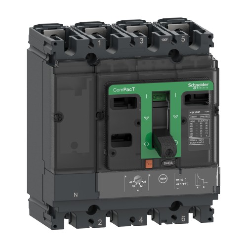 Schneider Circuit breaker ComPacT NSX160F, 36kA at 415VAC, TMD trip unit 125A, 50 degrees C, 4 poles 3D C16F6TM125C