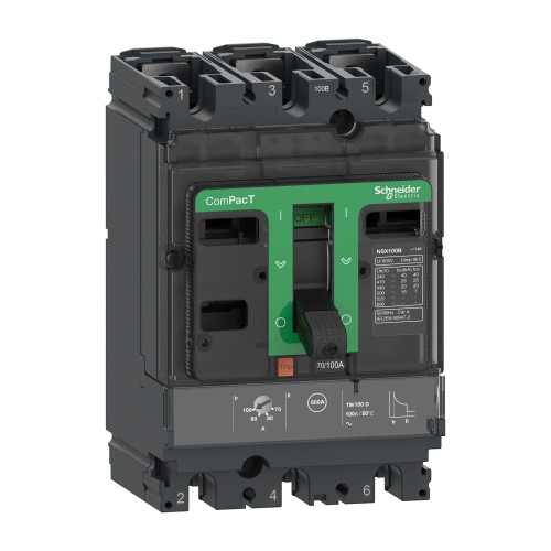 Schneider Circuit breaker ComPacT NSX250B, 25kA at 415VAC, TMD trip unit 250A, 50 degrees C, 3 poles 3D C25B3TM250C