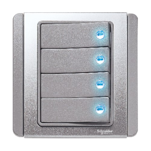 Schneider 250V 4Gang 2way Horizontal Dolly Switch with Blue LED,Grey silver E3034H2-EBGS