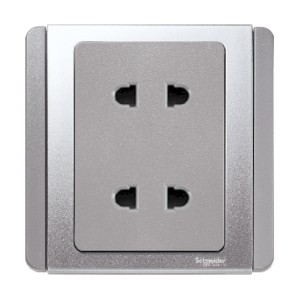 Schneider 10A Twin Gang 2 Pin Socket Outlet, Grey Silver E3426US2_GS