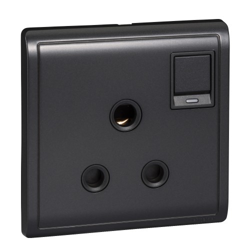 Schneider 15A 250V 1 Gang 3 Round Pin Switched Socket with Neon, Matt Black E8215_15N_MB_G1