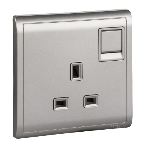 Schneider 13A 250V 1Gang switched socket,Aluminium Silver E8215_AS_G1