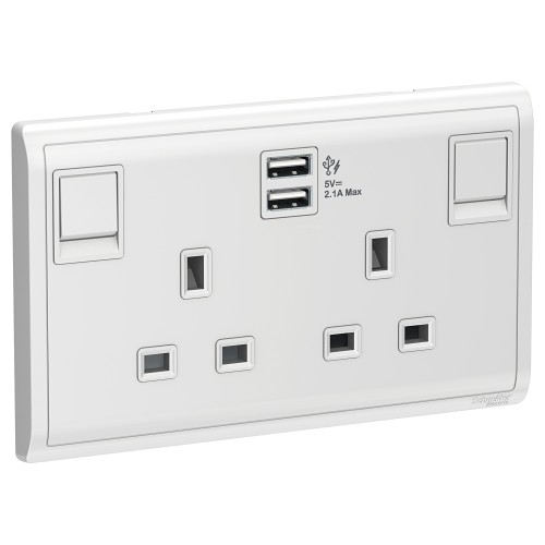 Schneider 13A Twin Gang Switched Socket with 2.1A USB, White E82T25USB_WE_G12
