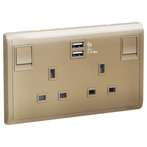 Schneider 13A Twin Gang Switched Socket with 2.1A USB, Wine Gold E82T25USB_WG_G12