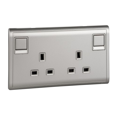 Schneider 13A 250V 2Gang switched socket,Aluminium Silver E82T25_AS_G1