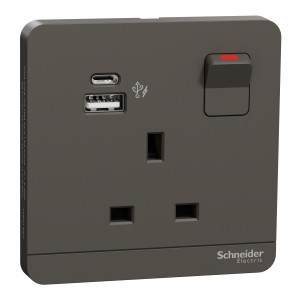 Schneider Switched socket with USB charger, Avataron, 21W type A C, 13A, Dark grey E8315DACUSB_DG