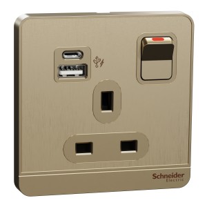 Schneider Switched socket with USB charger, Avataron, 21W type A C, 13A, Metal gold hairline E8315DACUSB_GH