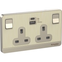 Schneider AvatarOn switched socket with USB charger 21W type A+C 2 gang 13A metal gold hairline E83T25ACUSB_GH_G12