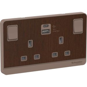 Schneider AvatarOn switched socket with USB charger 21W type A+C 2 gang 13A wood E83T25ACUSB_WD_G12