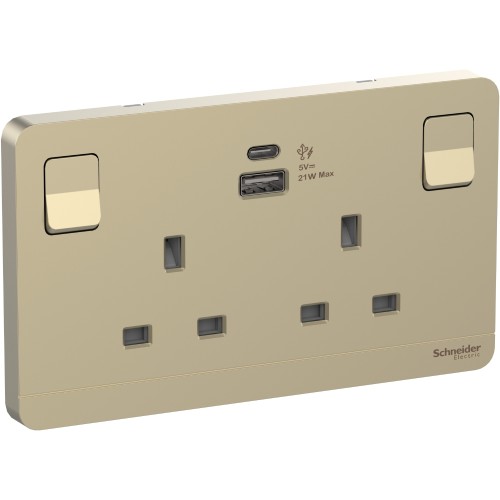 Schneider AvatarOn switched socket with USB charger 21W type A C 2 gang 13A wine gold E83T25ACUSB_WG_G12