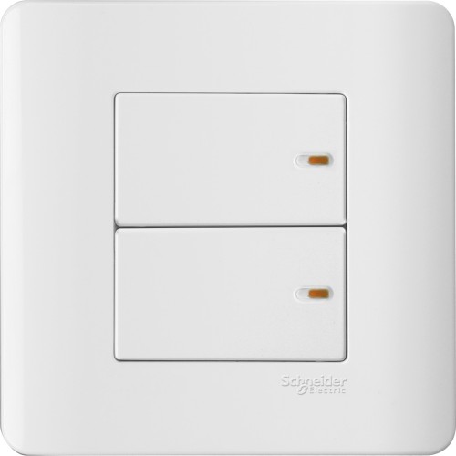 Schneider 20 A 2 gang 1 way switch with on indicator White Plate + White Surround E8432/1-WW