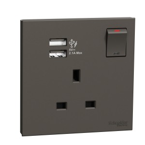 Schneider Electric AvatarOn C Switch Socket 13A 1 gang  2.1A two port USB dark grey E8715USB_DG