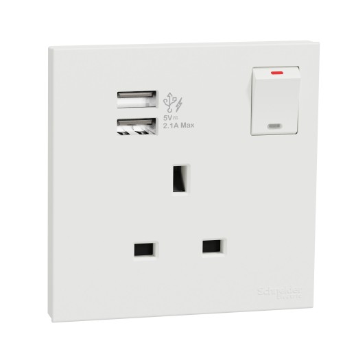 Schneider Electric AvatarOn C Switch Socket 13A 1 gang 2.1A two port USB white E8715USB_WE