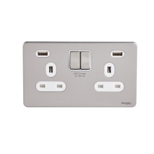 Schneider Electric Ultimate  Switched Socket 2 USB charger 2 gang  13A stainless steel  white GGBGU3424DWSS