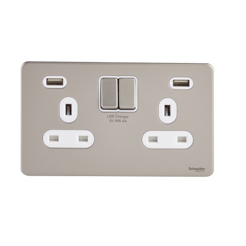 Schneider Electric Ultimate Switched Socket 2 USB charger 2 gang 13A pearl nickel white GGBGU3424DWPN