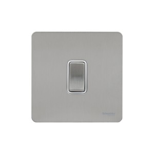 Schneider Ultimate Screwless Flat Plate Switch, 16AX, 2-Way Retractive, White & Stainless Steel - GU1412RWSS