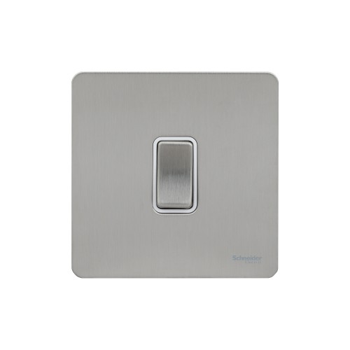 Schneider Ultimate Screwless Flat Plate Switch, 16AX, 2-Way Retractive, White & Stainless Steel - GU1412RWSS
