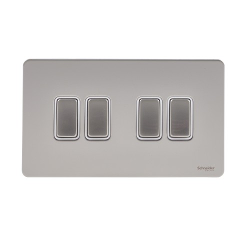 Schneider Ultimate Screwless Flat Plate Rocker Switch, 4 Gangs, Pearl Nickel GU1442WPN