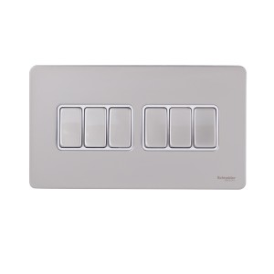 Schneider Ultimate Screwless Flat Plate Rocker Switch, 6 Gangs, Pearl Nickel GU1462WPN