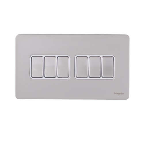 Schneider Ultimate Screwless Flat Plate Rocker Switch, 6 Gangs, Pearl Nickel GU1462WPN