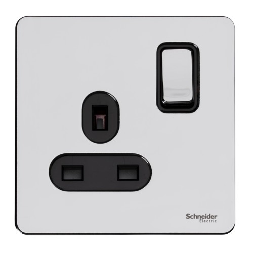 Schneider Switched socket, Ultimate Screwless flat plate, 1P, screw terminal, IP20, chrome GU3410BPC