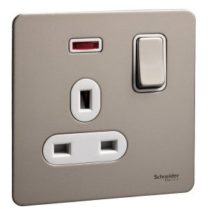 Schneider ULT.SCRWLS Flat Plate-1Gang- 13A-DP-switched with neon- Pearl nickel GU3411DWPN