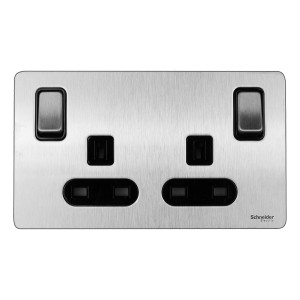 Schneider Ultimate Screwless Flat Plate Switched Socket, 2P, 2 Gangs, Stainless Steel GU3434BSS
