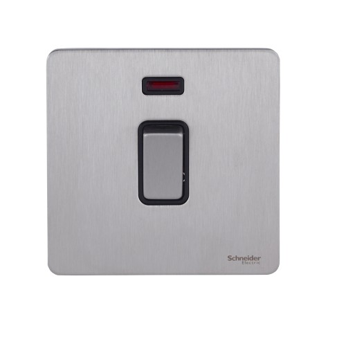 Schneider Ultimate Screwless Flat Plate Switch, 32A, 2-Pole, Neon, Black & Stainless Steel GU4431BSS