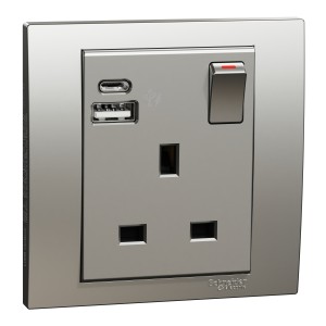 Schneider Switched socket with USB charger, Vivace, 21W type A C, 13A, aluminium silver KB15DACUSB_AS