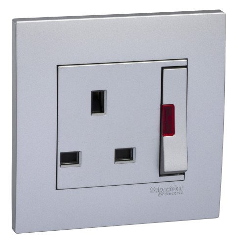 Schneider Electric Vivace 3A 250V 1Gang DP Large Dolly Switched socket with NE Aluminium silver KB15LDN_AS