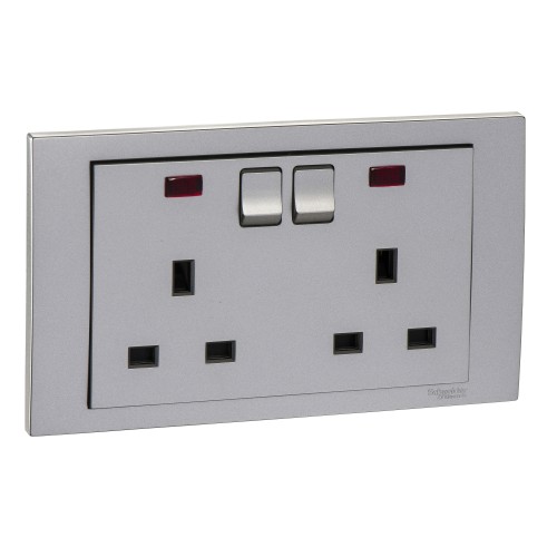 Schneider Electric Vivace 13A 250V Twin Gang Switched Socket with Neon alumium silver KB25N_AS