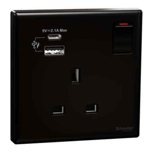 Schneider Electric Vivace E 13A Switched Socket with USB A+C 2.1A 250V 1 Gang Black Schneider Electric Vivace E 13A Switched Socket with USB A+C 2.1A 250V 1 Gang Black