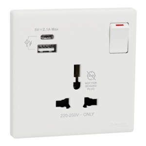 Schneider Electric Vivace E 13A Switched Socket with USB A C 2.1A International 250V 1 Gang White