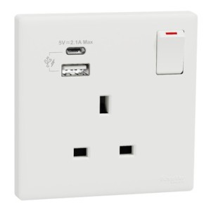 Schneider Electric Vivace E 13A Switched Socket with USB A C 2.1A 250V 1 Gang White