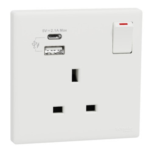 Schneider Electric Vivace E 13A Switched Socket with USB A+C 2.1A 250V 1 Gang White Schneider Electric Vivace E 13A Switched Socket with USB A+C 2.1A 250V 1 Gang White